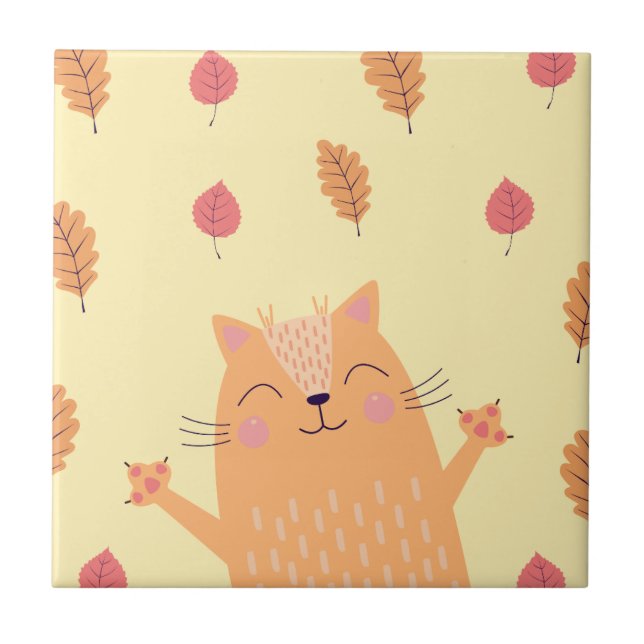 Cute Ginger Orange Cat Playing in Autumn Leaves Ceramic Tile (Front)