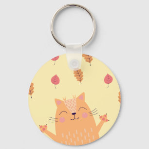 Cute Ginger Orange Cat Playing in Autumn Leaves Key Ring