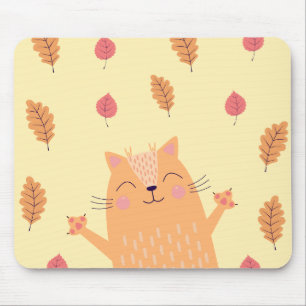 Cute Ginger Orange Cat Playing in Autumn Leaves Mouse Pad