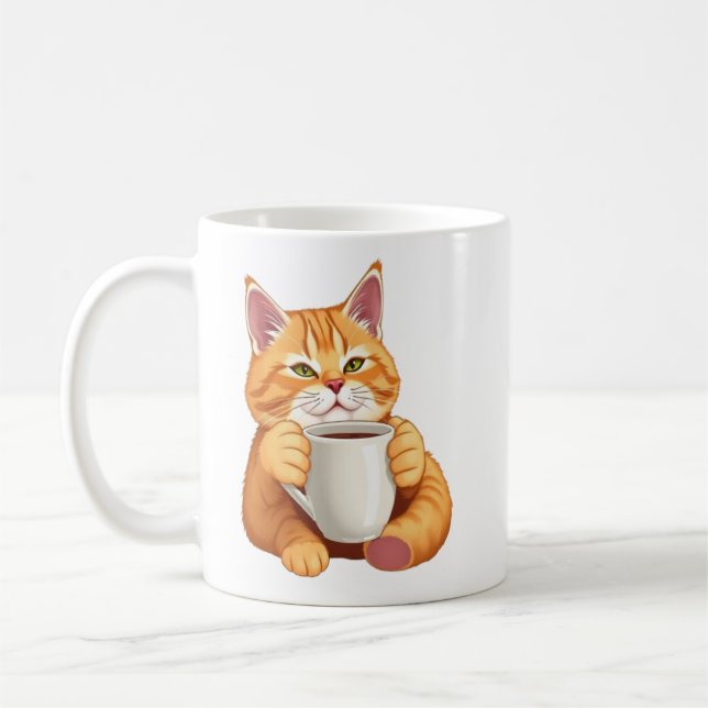 Cute Ginger Tabby Cat Drinking Coffee Graphic Mug (Left)