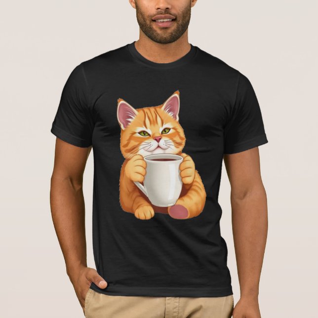 Cute Ginger Tabby Cat Drinking Coffee Graphic T-Shirt (Front)
