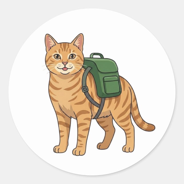 Cute Ginger Tabby Cat with Backpack Classic Round Sticker (Front)