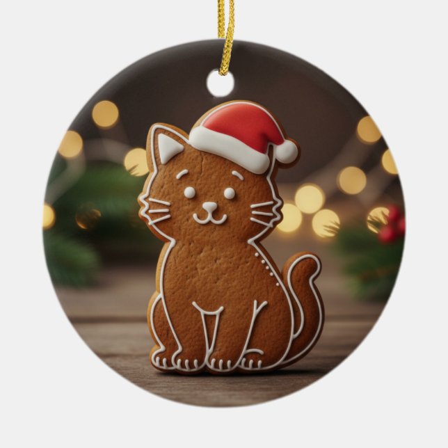 Cute Gingerbread Cat Cookie Christmas  Ceramic Ornament (Front)