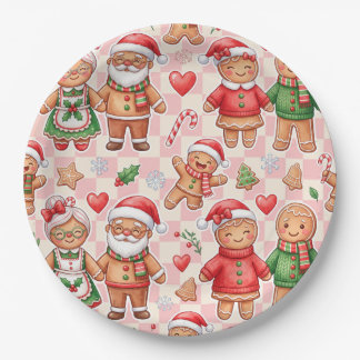 Cute Gingerbread Christmas Family Pink Chequered Paper Plate