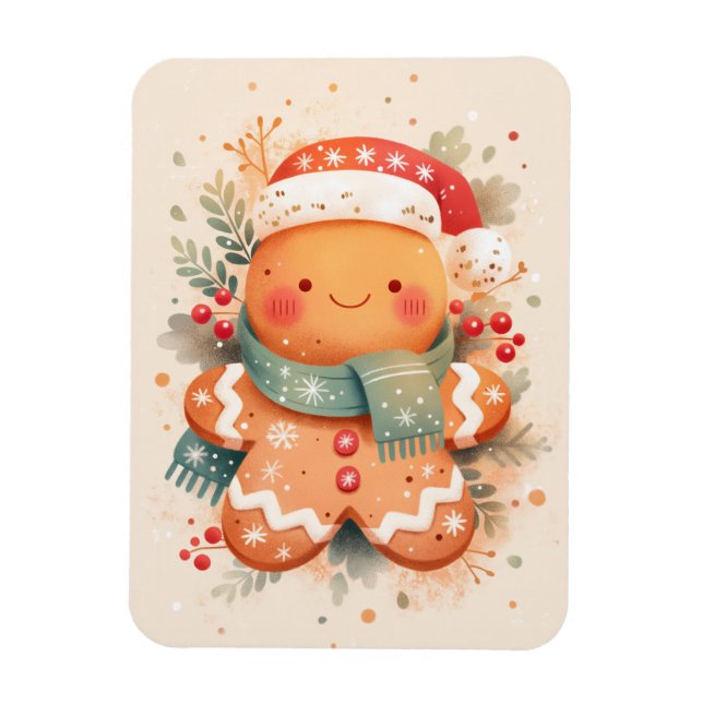 Cute Gingerbread Cookie Wearing Santa Hat Magnet (Vertical)