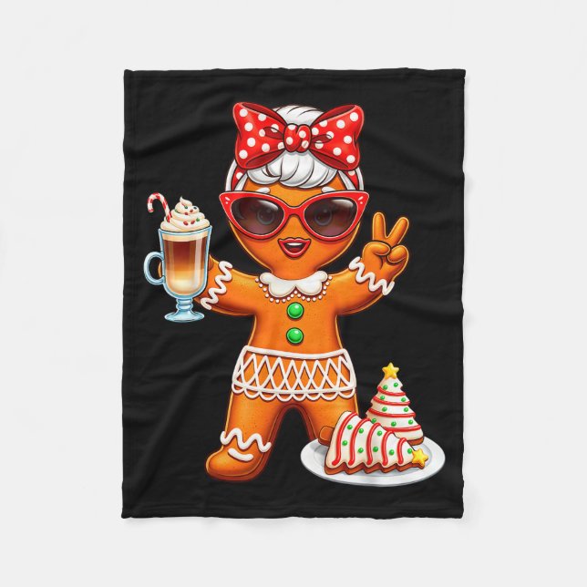 Cute Gingerbread Drinking Coffee Christmas Tree Ca Fleece Blanket (Front)