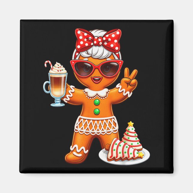 Cute Gingerbread Drinking Coffee Christmas Tree Ca Magnet (Front)
