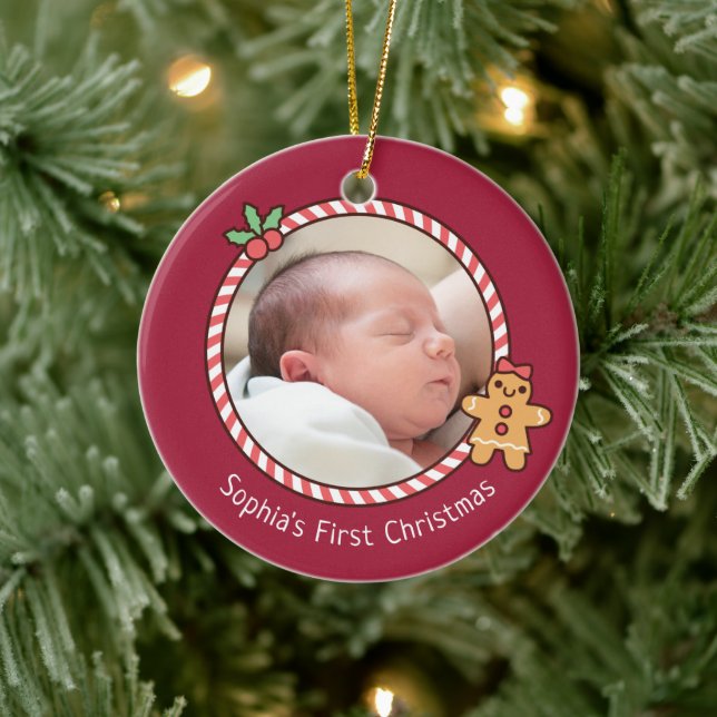 Cute Gingerbread Girl Baby First Christmas Photo Ceramic Ornament (Tree)