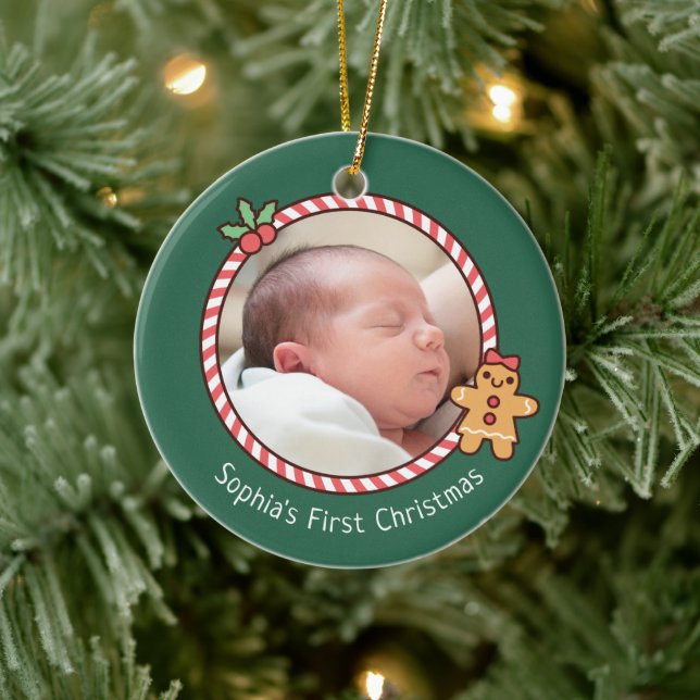 Cute Gingerbread Girl Baby First Christmas Photo Ceramic Ornament (Tree)