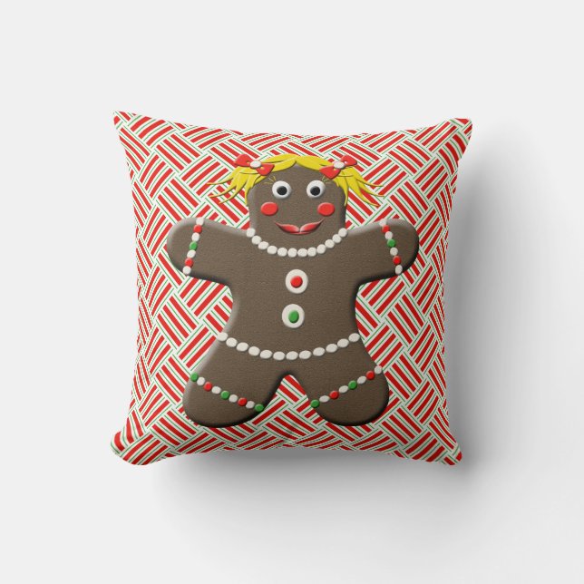 Cute Gingerbread Girl & Boy Christmas Throw Pillow (Front)
