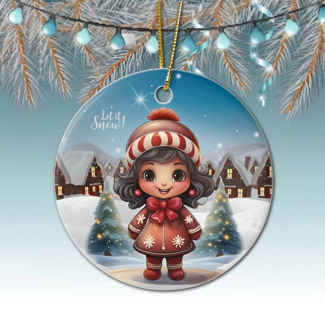Cute Gingerbread Girl Character Holiday Season 🎄 Ceramic Ornament (Girly Character stocking stuffer for female Ornament Gingerbread Girl Let it Snow Christmas Decor 🎄)