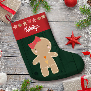 Cute Gingerbread Girl Holiday Name Rustic Green Small Christmas Stocking