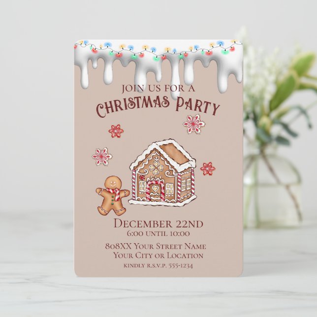 Cute Gingerbread House Beige Christmas Party Invitation (Standing Front)