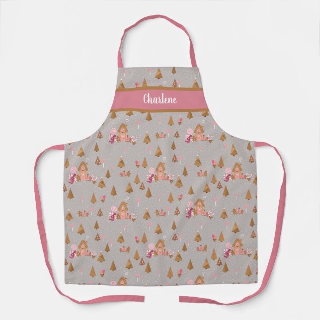 Cute Gingerbread House Candy Canes Grey Pink Apron (Front)