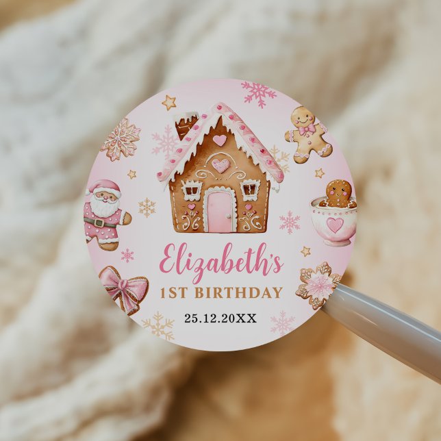 Cute Gingerbread House Girl Birthday Party Classic Round Sticker (Creator Uploaded)