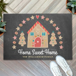 Cute Gingerbread House Home Sweet Home Chalkboard Doormat<br><div class="desc">“Home Sweet Home”. Decorate your entryway in “style” with this unique, fun custom personalised name holiday welcome mat! A cute, whimsical gingerbread house, cookie trees, stars, hearts, candies, and playful script typography, overlay a dark charcoal grey chalkboard background. Add your family name or other copy. Matching cards, stickers, ornaments, mugs,...</div>