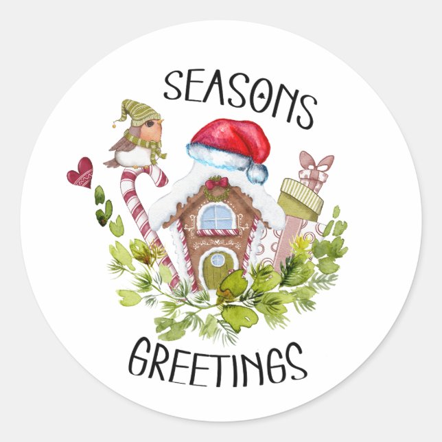 Cute Gingerbread House Seasons Greetings Christmas Classic Round Sticker (Front)
