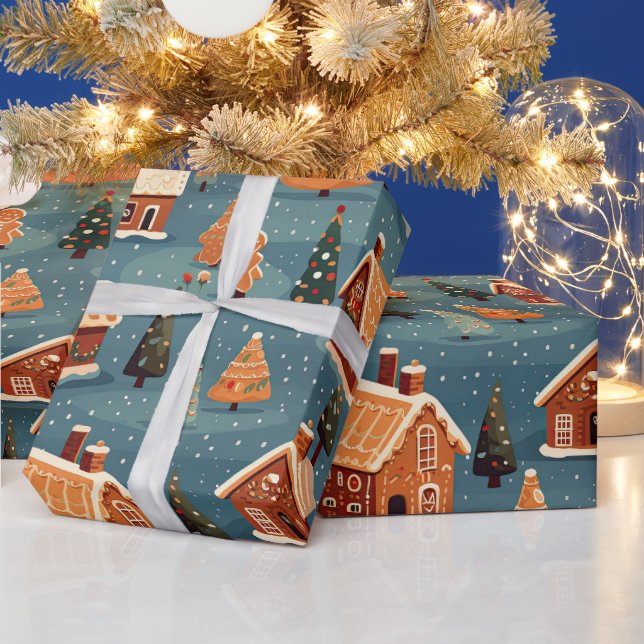 Cute Gingerbread Houses and Trees Wrapping Paper (Holidays)