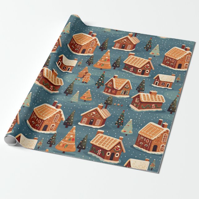 Cute Gingerbread Houses and Trees Wrapping Paper (Unrolled)