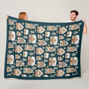 Cute Gingerbread Houses & Cookies Blue Christmas  Fleece Blanket