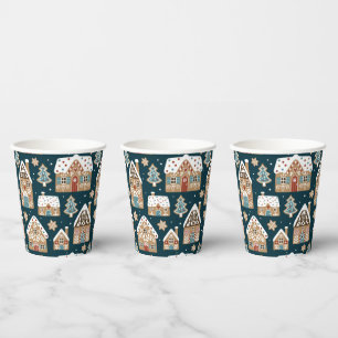 Cute Gingerbread Houses & Cookies Blue Christmas  Paper Cups