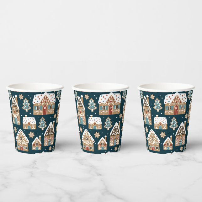 Cute Gingerbread Houses & Cookies Blue Christmas  Paper Cups (Multi)