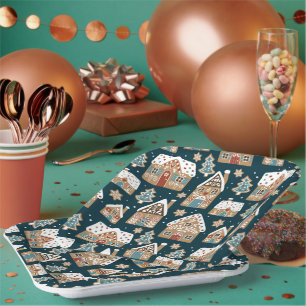 Cute Gingerbread Houses & Cookies Blue Christmas  Paper Plate