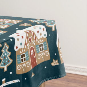 Cute Gingerbread Houses & Cookies Blue Christmas  Tablecloth