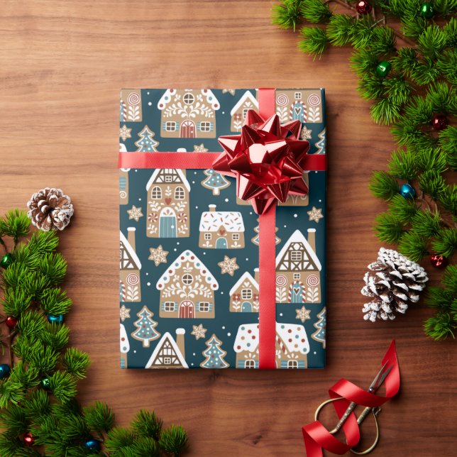 Cute Gingerbread Houses & Cookies Blue Christmas  Wrapping Paper (Holiday Gift)