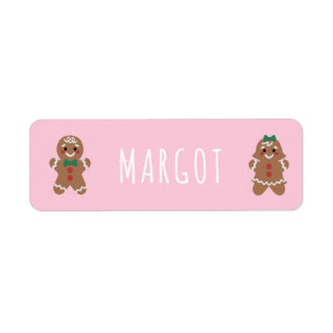 Cute gingerbread kids with bows return address label
