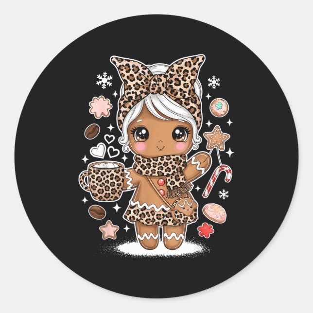 Cute Gingerbread Leopard Christmas Xmas Girl Women Classic Round Sticker (Front)