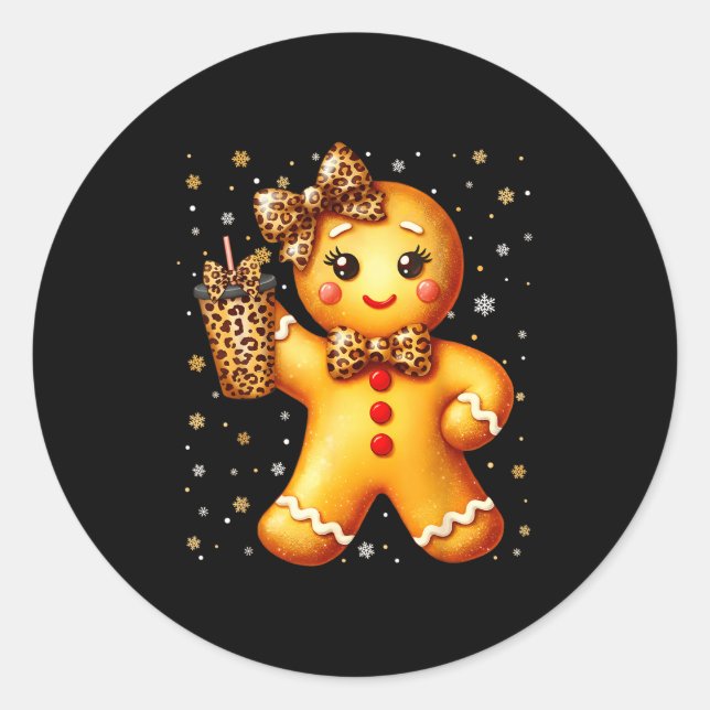 Cute Gingerbread Leopard Coquette Christmas Xmas G Classic Round Sticker (Front)