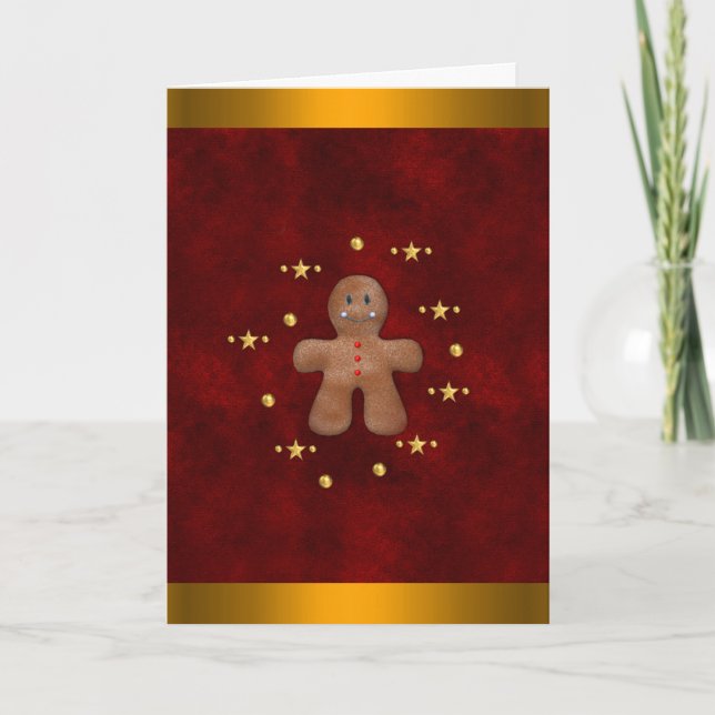 Cute Gingerbread Man and Gold Christmas Card (Front)