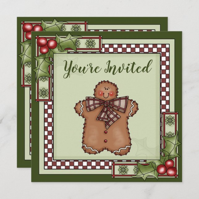 Cute Gingerbread Man and Holly Christmas Party Invitation (Front/Back)