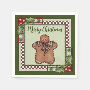 Cute Gingerbread Man and Holly Merry Christmas Napkin