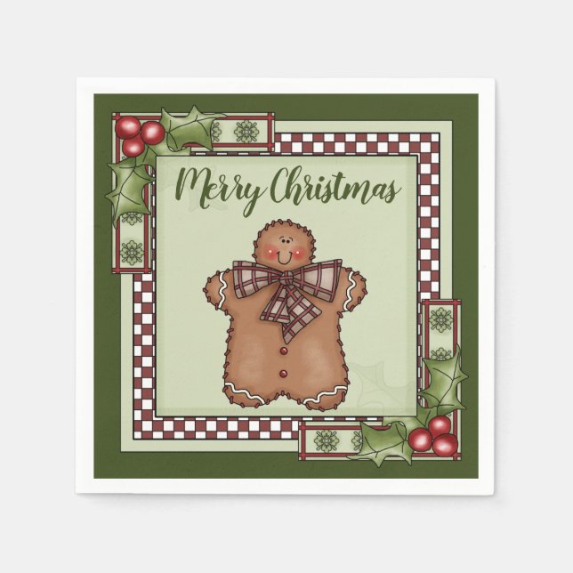 Cute Gingerbread Man and Holly Merry Christmas Napkin (Front)
