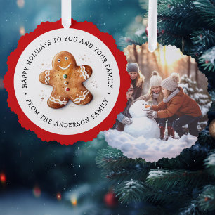Cute gingerbread man and photo happy holidays tree decoration card