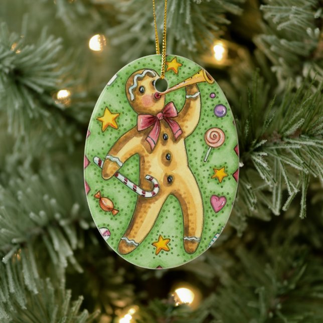 Cute Gingerbread Man Blowing Horn, Christmas Candy Ceramic Tree Decoration (Tree)