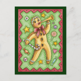 Cute Gingerbread Man Blowing Horn, Christmas Candy Holiday Postcard
