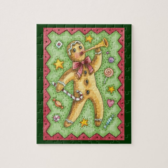 Cute Gingerbread Man Blowing Horn, Christmas Candy Jigsaw Puzzle (Vertical)