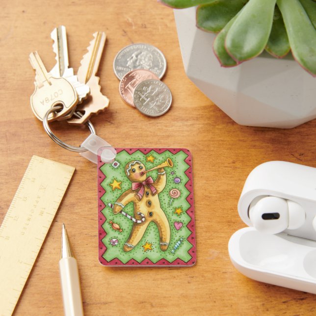 Cute Gingerbread Man Blowing Horn, Christmas Candy Key Ring (Desk)