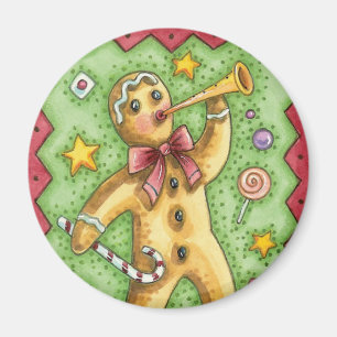 Cute Gingerbread Man Blowing Horn, Christmas Candy Magnet