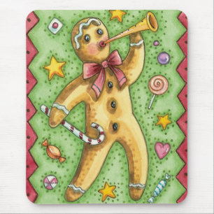 Cute Gingerbread Man Blowing Horn, Christmas Candy Mouse Pad