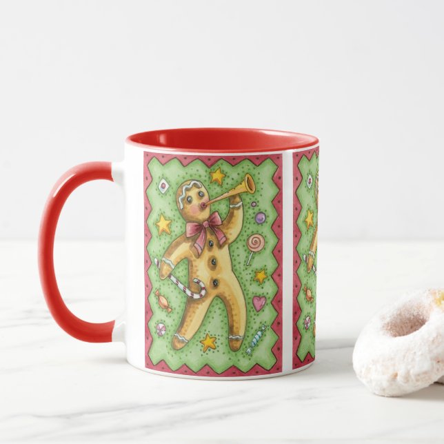 Cute Gingerbread Man Blowing Horn, Christmas Candy Mug (With Donut)