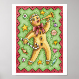 Cute Gingerbread Man Blowing Horn, Christmas Candy Poster