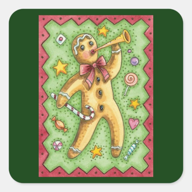 Cute Gingerbread Man Blowing Horn, Christmas Candy Square Sticker (Front)