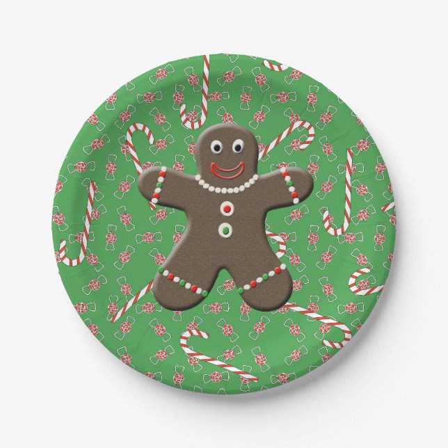 Cute Gingerbread Man Boy Christmas Candy Canes Paper Plate (Front)