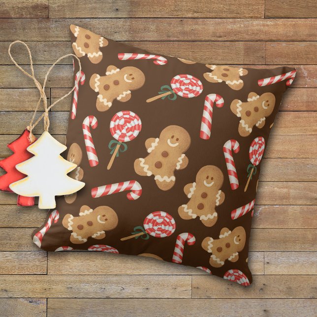 Cute Gingerbread Man Candy Canes Holiday Pattern Cushion (Creator Uploaded)