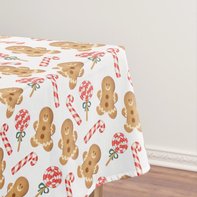 Cute Gingerbread Man Candy Canes Holiday Pattern Tablecloth (In Situ)