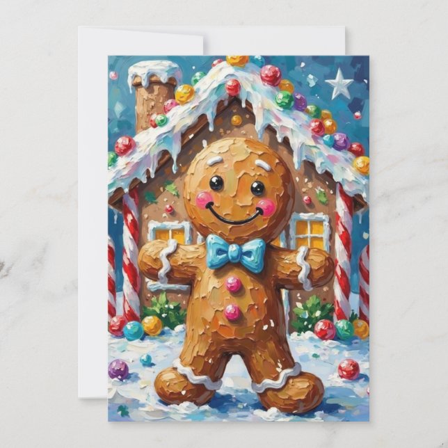 Cute Gingerbread Man Cheerful Christmas Cookie Art Holiday Card (Front)